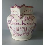 Antique Vintage Sunderland Lustre Jug 1831 Samuel Knobs With Farming Image & Verse.