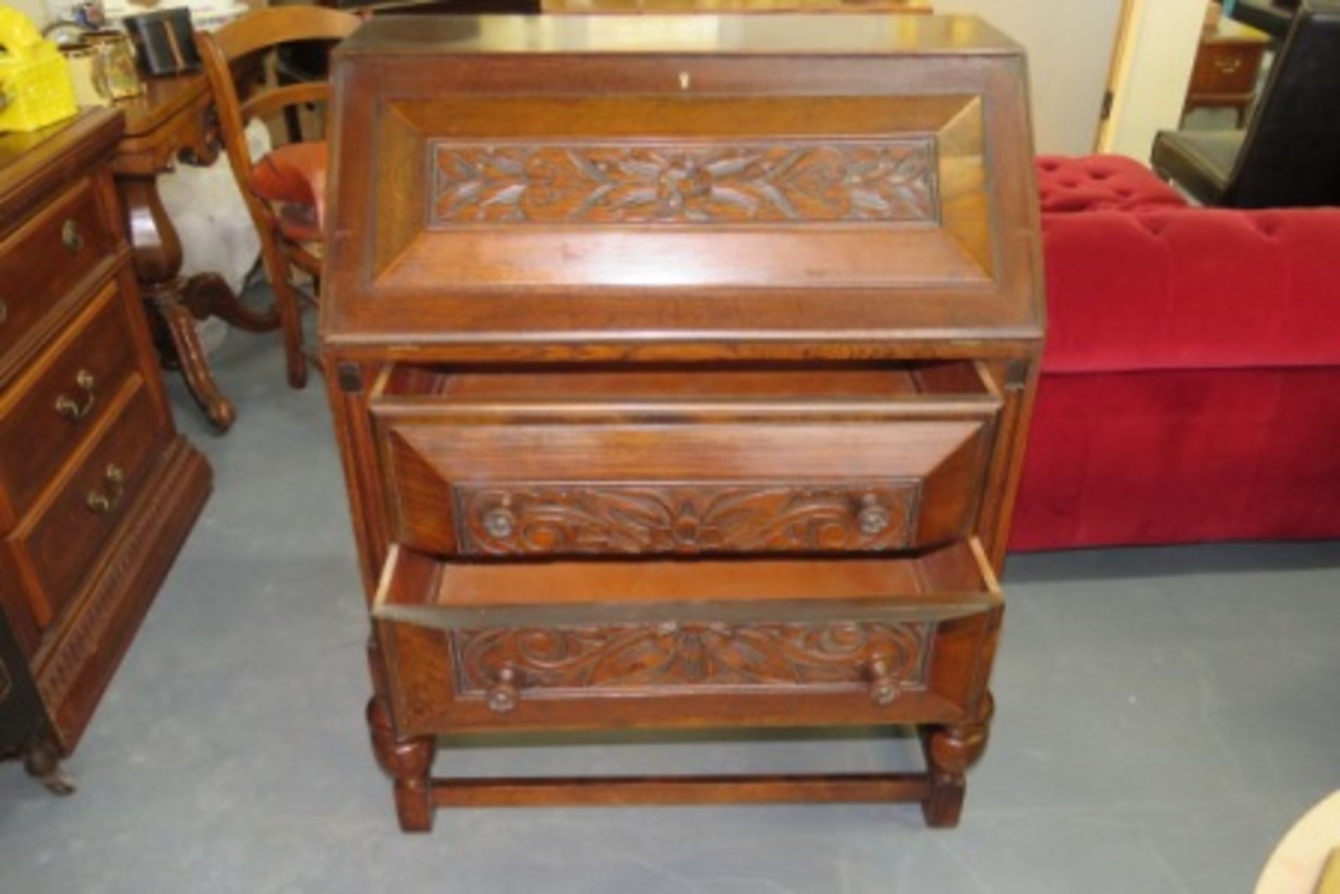 Vintage Oak Carved Bureau - Two Drawers - Image 4 of 4