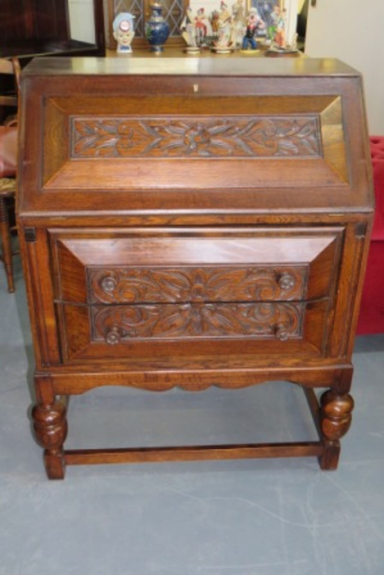 Vintage Oak Carved Bureau - Two Drawers