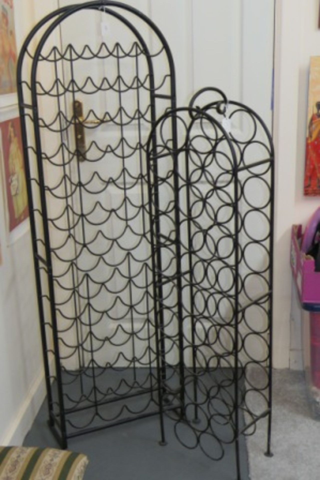 2 X FREE STANDING WROUGHT IRON WINE RACKS