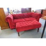 Fabric Two Seater Chesterfield Style Sofa With Matching Footstool