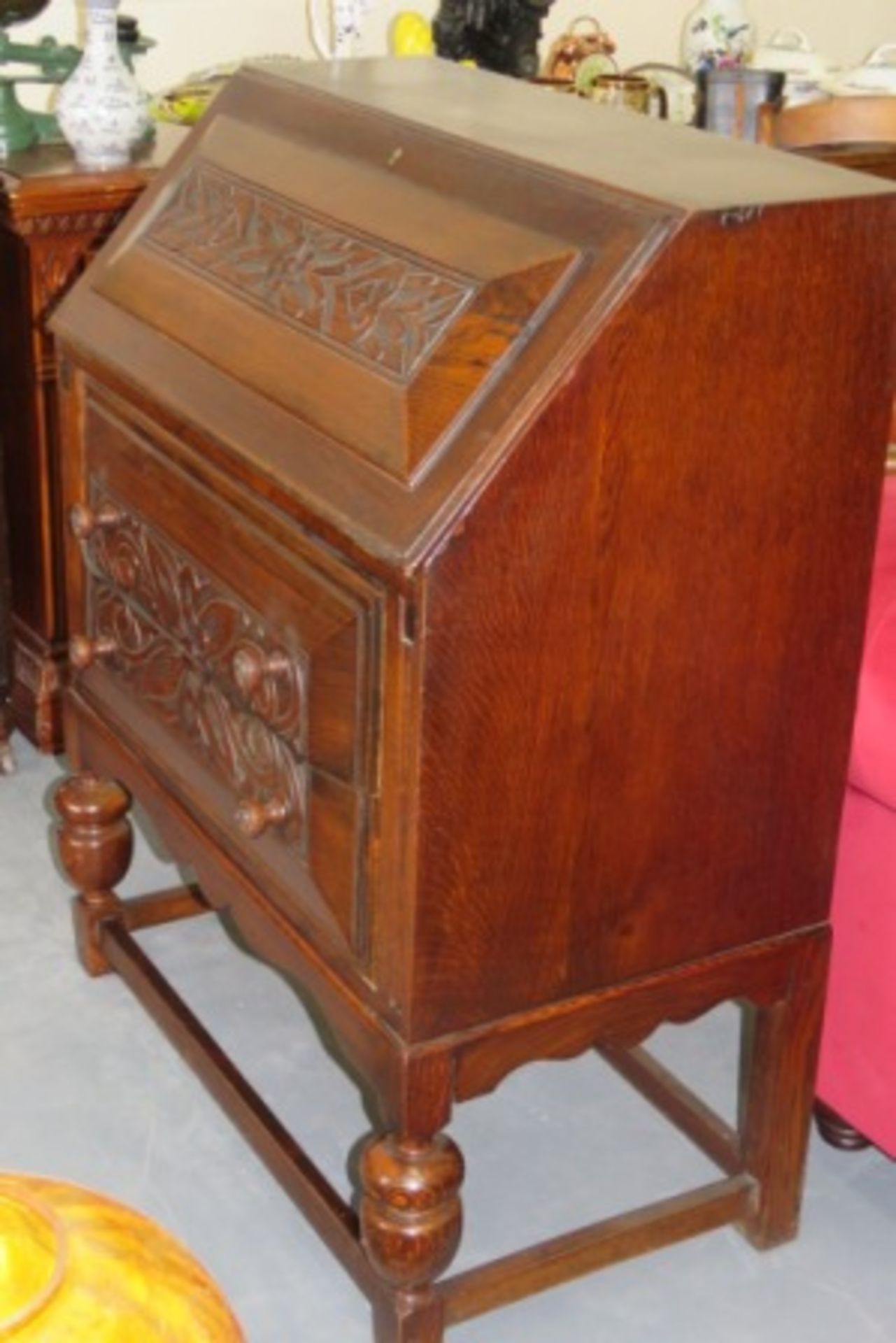 Vintage Oak Carved Bureau - Two Drawers - Image 3 of 4