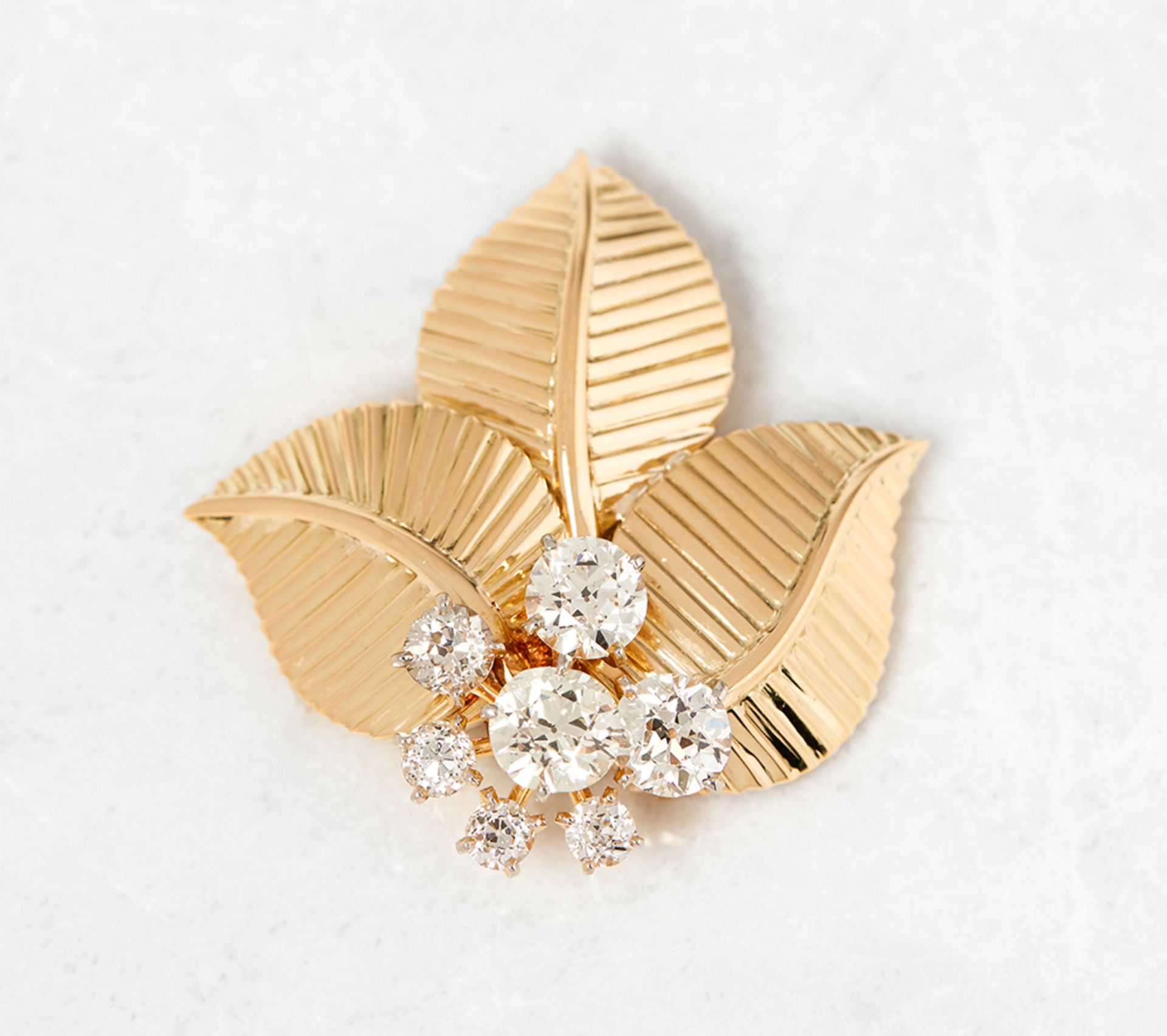 Cartier 18k Yellow Gold Three Leaf Diamond Vintage Brooch