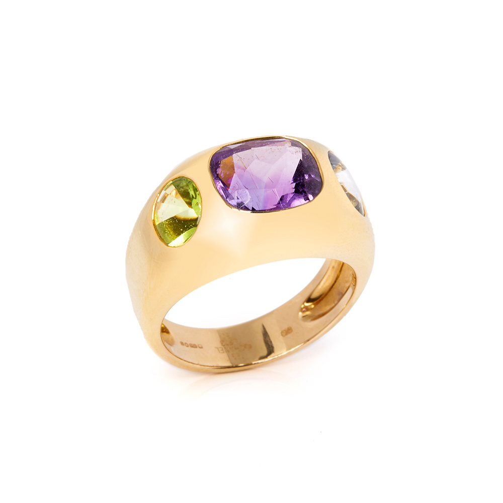 Chanel 18k Yellow Gold Amethyst Peridot Baroque Ring