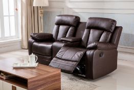 Brand New Boxed Manhattan 2 Seater Reclining Sofa With Console And Drinks Holder In Brown Leather