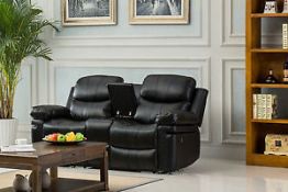 Brand New Boxed Manhattan 2 Seater Reclining Sofa With Console And Drinks Holder In Black Leather