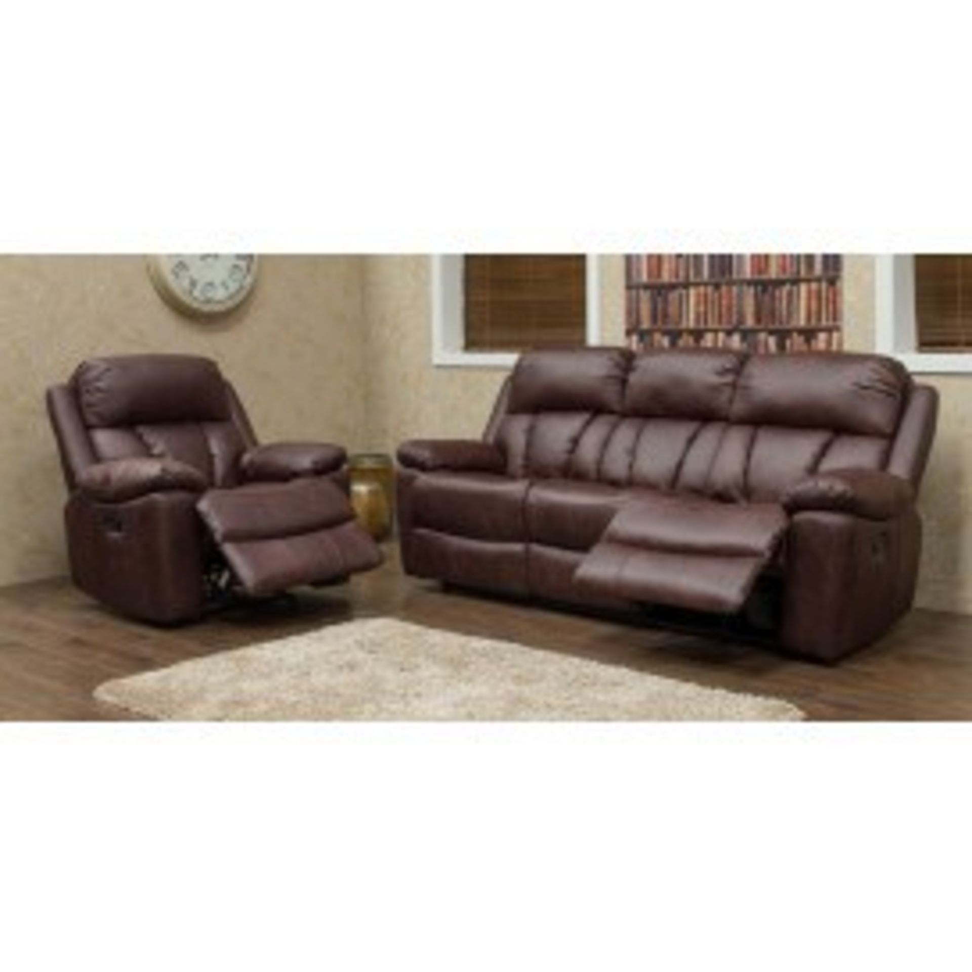 Brand New Boxed Benson 3 Seater Chestnut Leatheraire Reclining Sofa Plus 2 Matching Arm Chairs