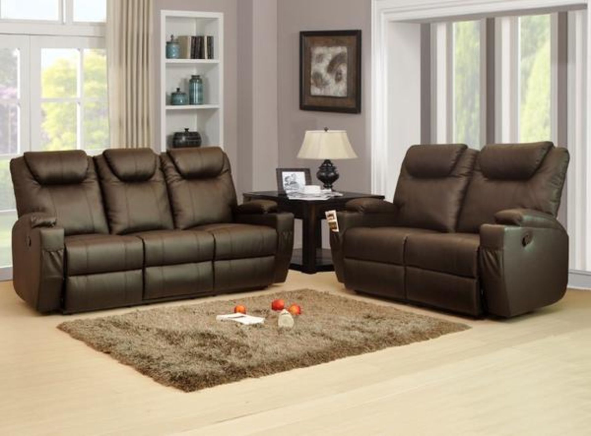 Brand New Boxed 3 Seater Plus 2 Seater Lazyboy Brown Leather Manual Reclining Sofas - Image 2 of 2