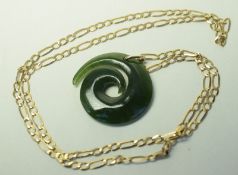 9ct Gold Chain and Green Nephrite Spiral Pendant