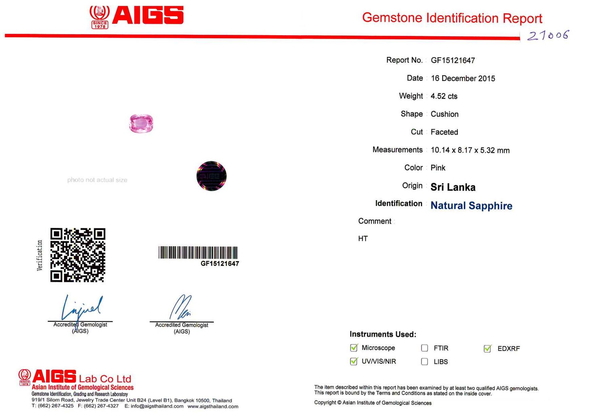 4.52ct cushion Pink Sapphire ,certification GF15121647,apprsial 15000 - Bild 3 aus 3