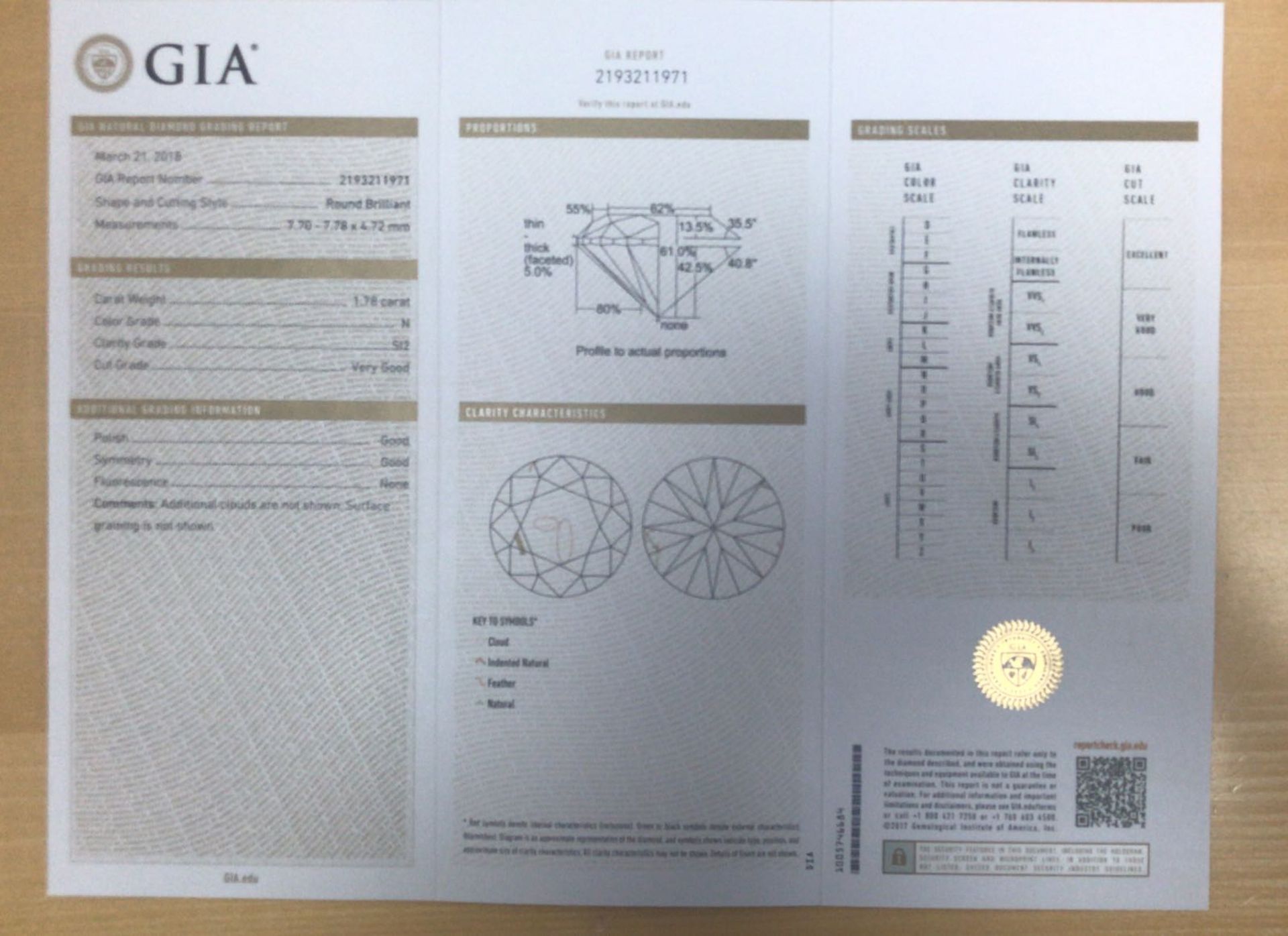 1.78ct Round brilliant cut diamond,si2 clarity N colour GIA certification. Appraisal 15000 - Image 3 of 3