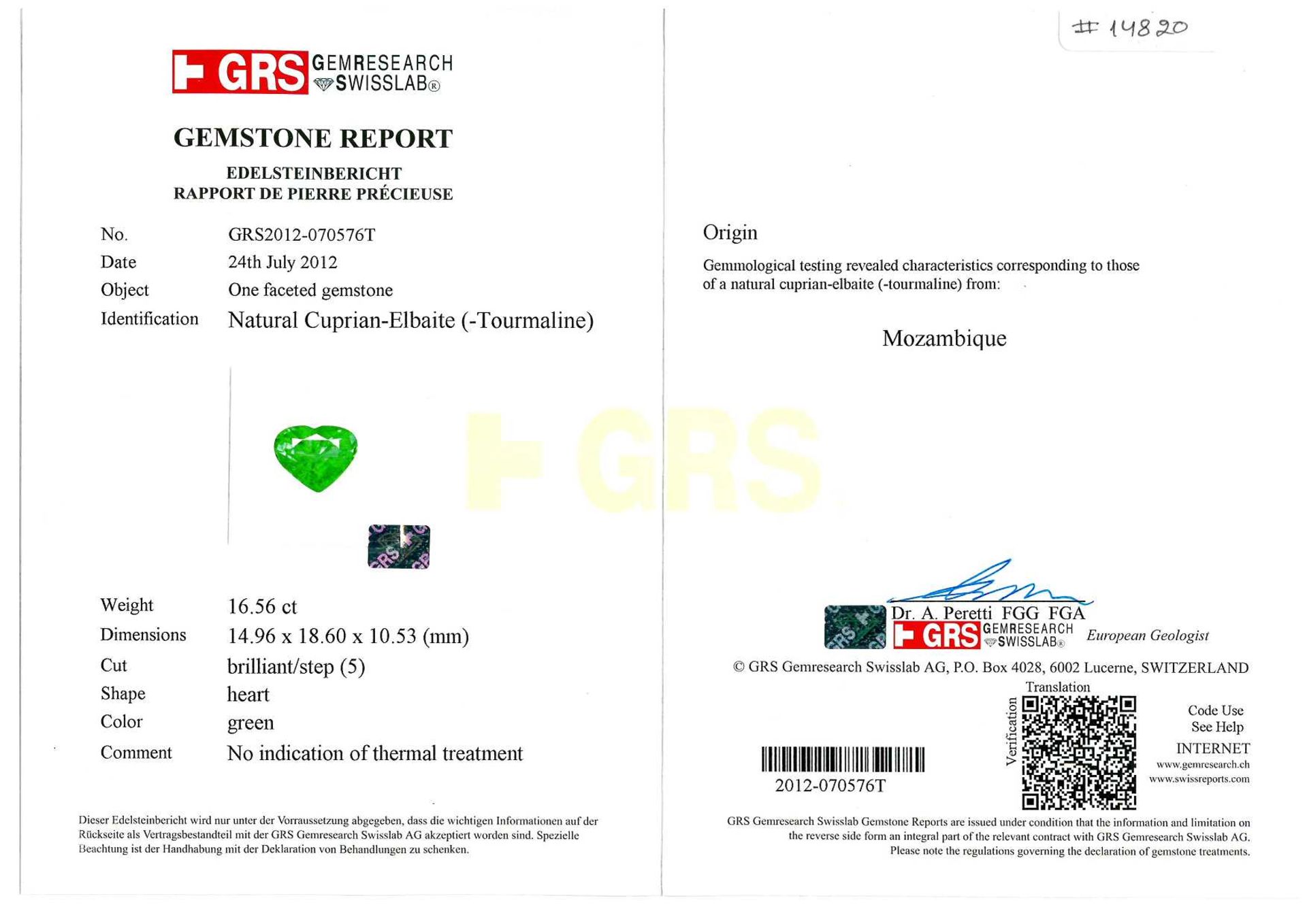 16.50 Heart shapes Paraiba Tourmaline certification GRS2012-0705765,.appraisal 25000 - Image 2 of 3