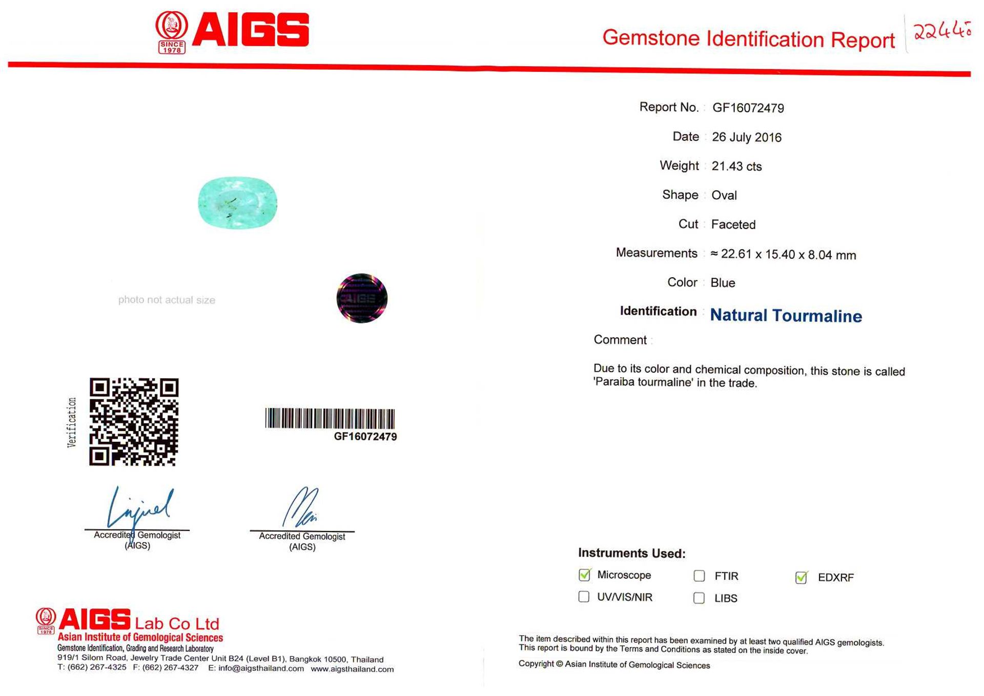 21.43CT PARAIBA TOURAMALINE OVAL CUT GIF CERTIFICATION GF16072479 APPRAISAL 54000 - Image 2 of 2