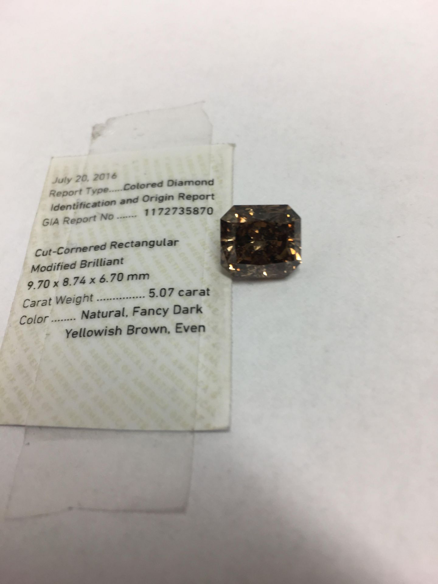 5.07 Natural dark yellow-brown cushion shape diamond,GIA certification 1172735870,appraisal 16000 - Bild 2 aus 3