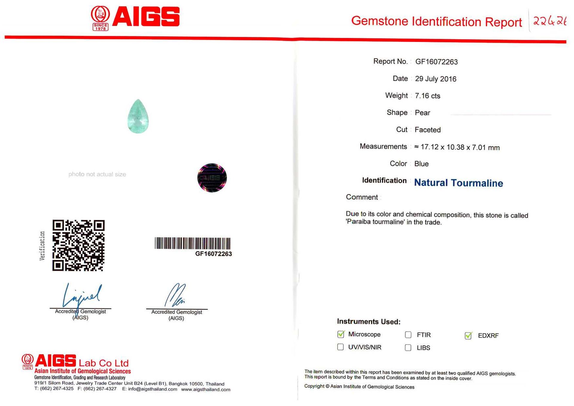 7.16ct Pearshpae Paraiba Tourmaline,17.18x10.38x7.01mm,AIGS certification Gf16-72263 appriasal - Image 2 of 2