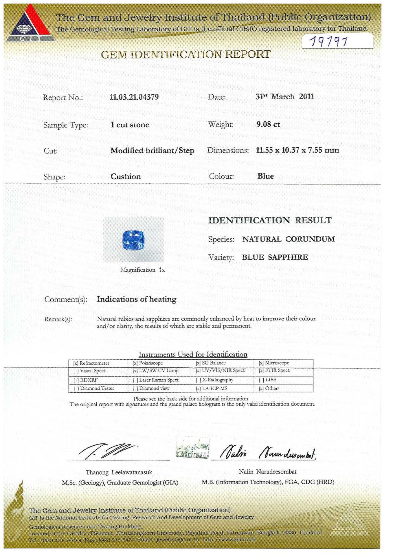 9.08ct Sapphire,11.55mmx10.37mmx7.55mm GJIT certification 19197.appraisal 38000 - Image 2 of 3