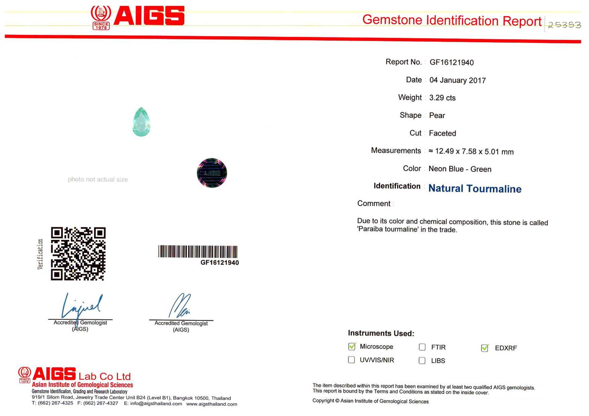 3.29ct pearshape Paraiba Tourmaline GIF certification GF16121940,appraisal 9950 - Bild 2 aus 2