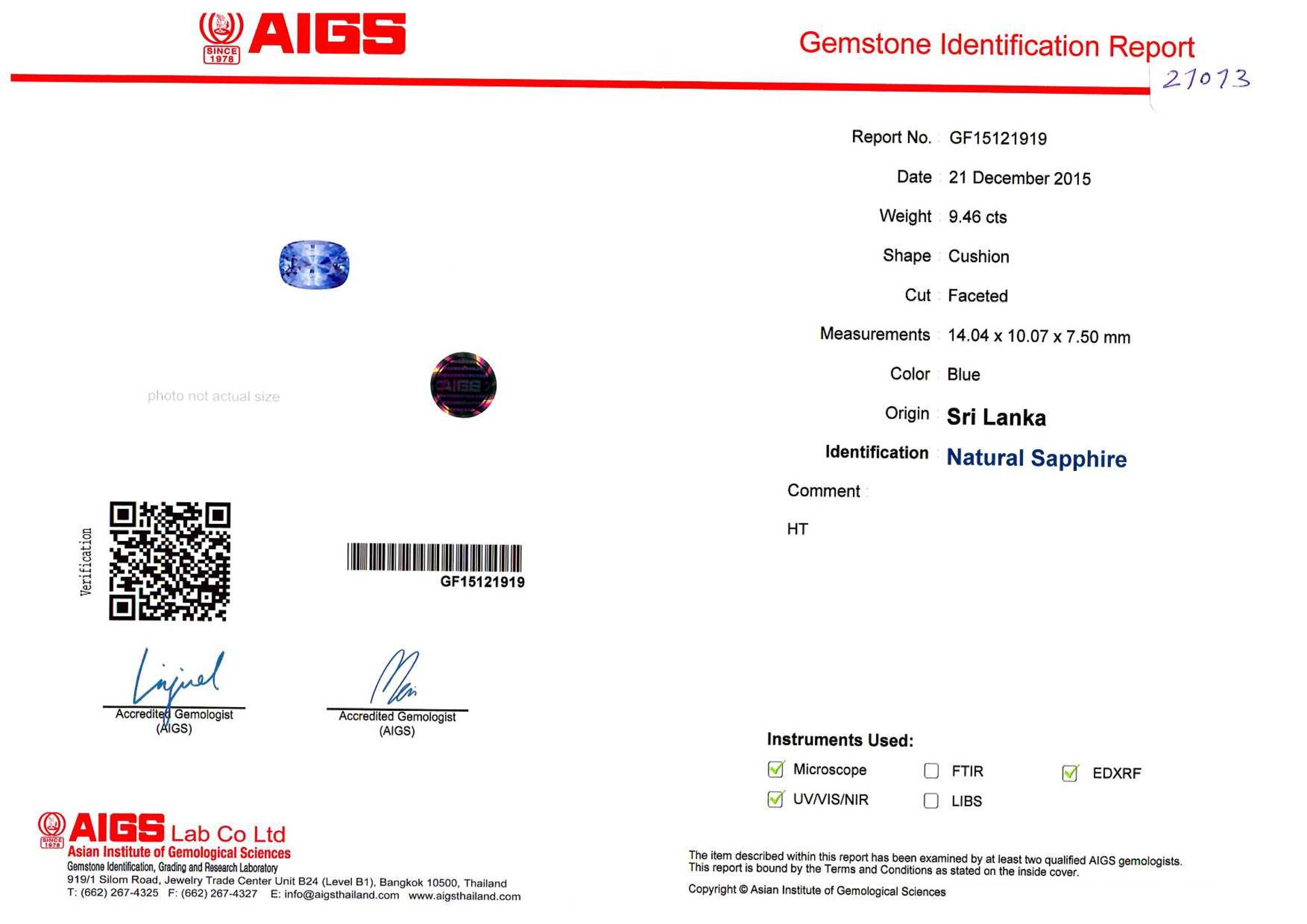 9.46ct Sapphire,AIGS certification GF15121919,14.04x10.07x7.5mm,appraisal 25000 - Bild 2 aus 3