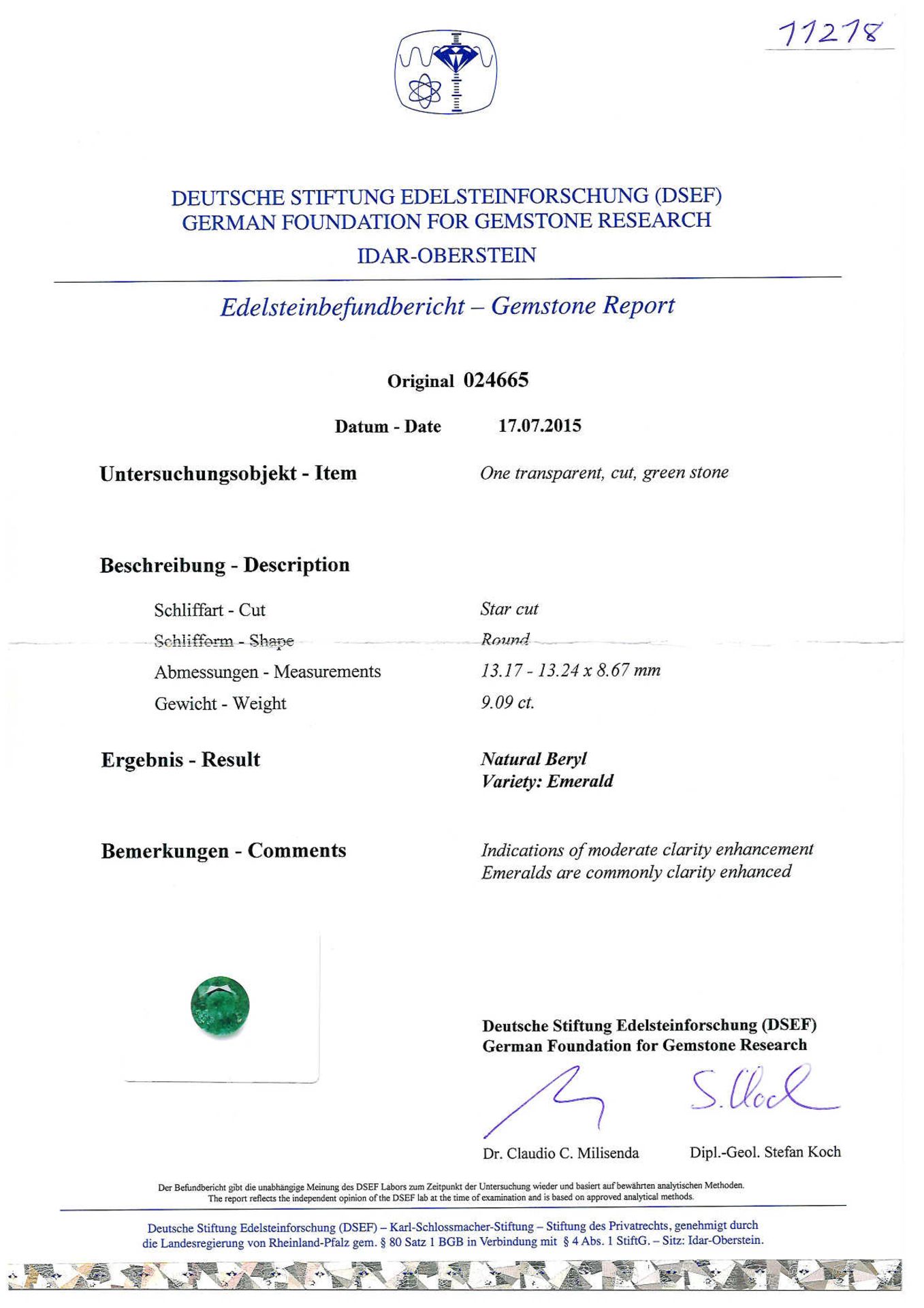 9.09ct round Emerald,13.17x13.24x8.67mm,certification DSEF 024665 appriasal 19500 - Bild 2 aus 2