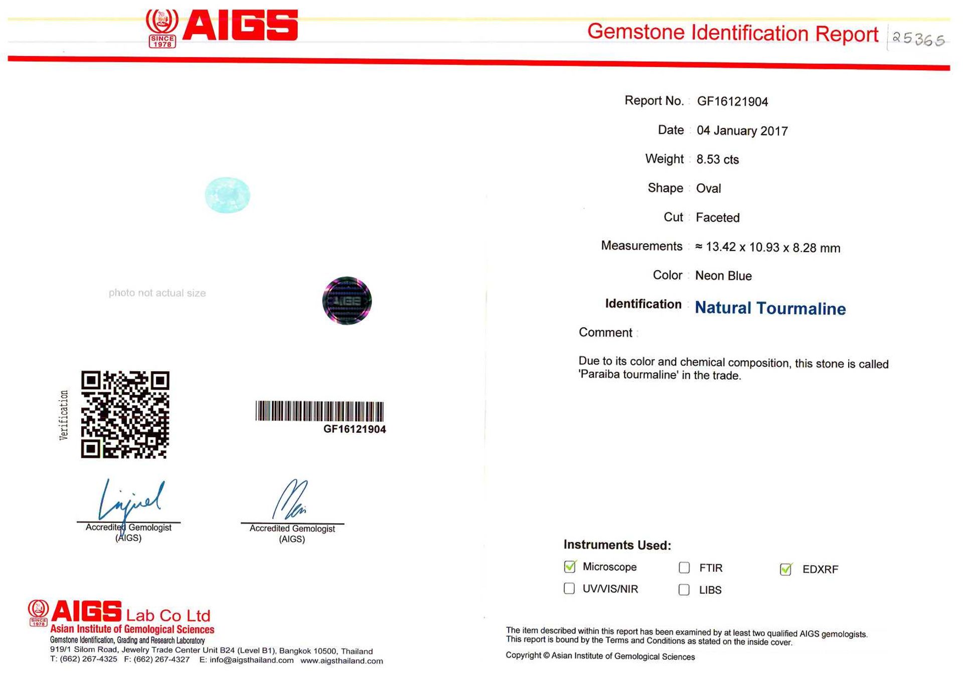 8.53ct Paraiba tourmaline ,13.42x10.93x8.28mm,AIGS certification GF16121904 ,appraisal 18000 - Bild 2 aus 2