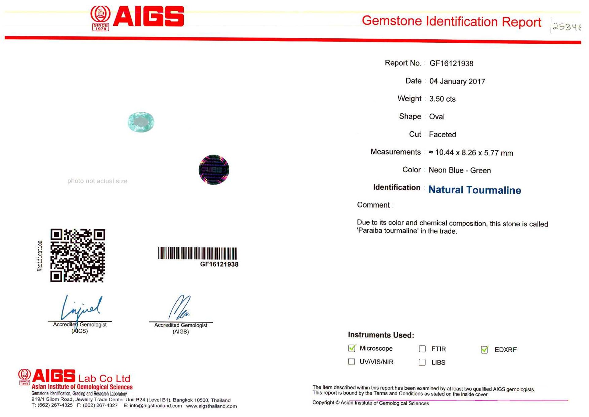 3.50ct OvalParaiba Tourmaline GIF16121938 certification appraisal 9950 - Image 2 of 2