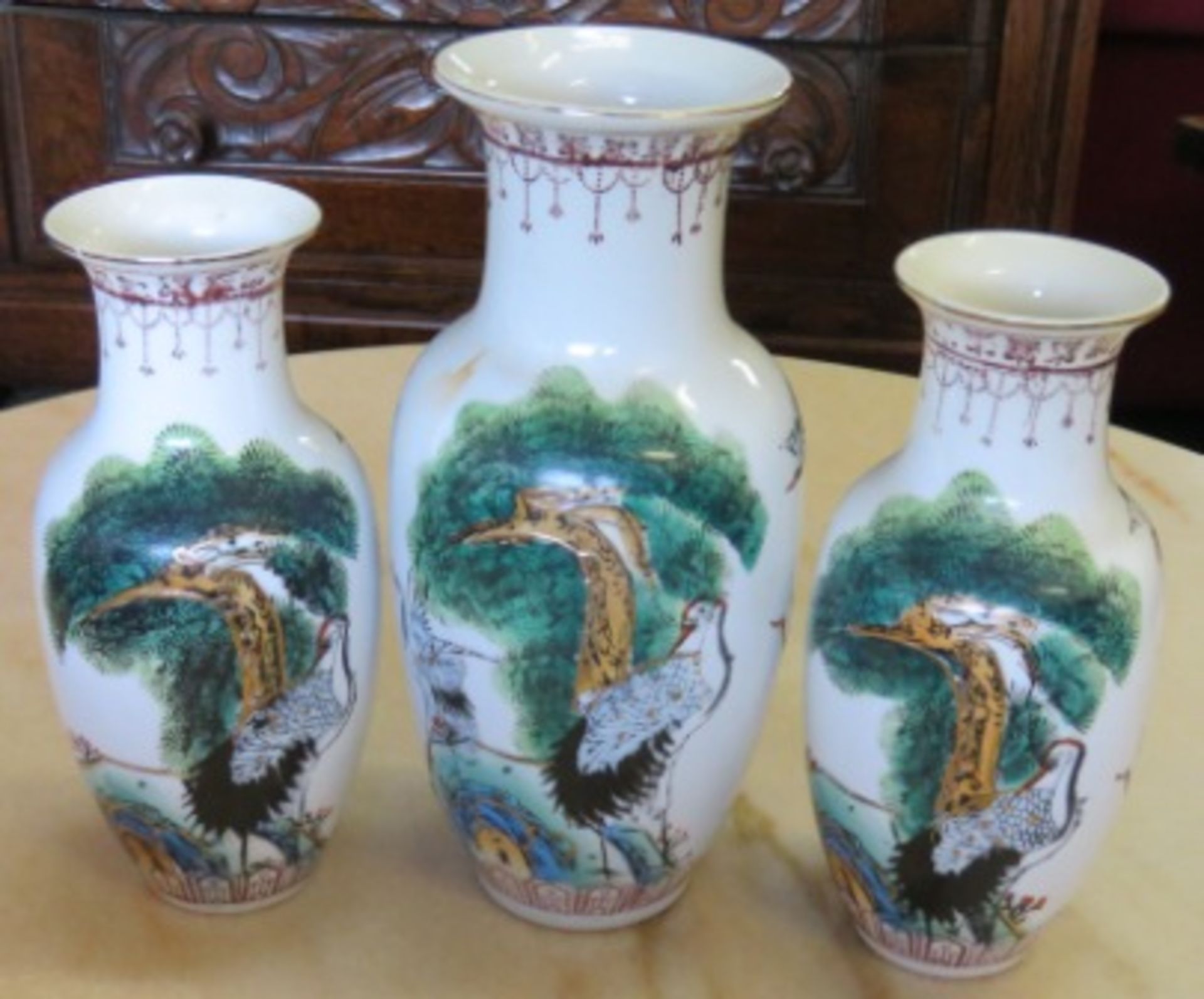 Three Oriental Vases Depicting Crane Birds