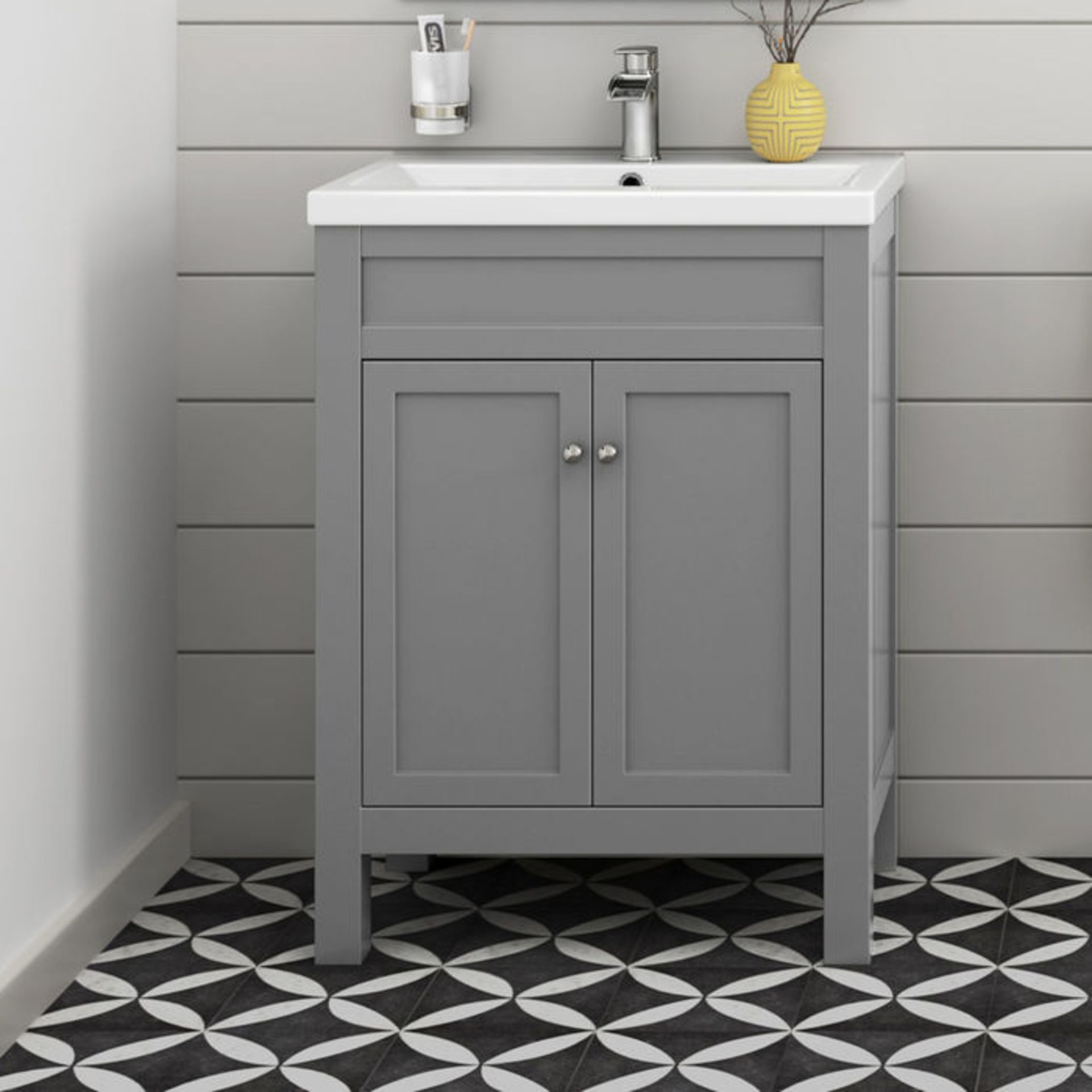 (G74) 600mm Melbourne Earl Grey Double Door Vanity Unit - Floor Standing RRP £524.99. COMES COMPLETE