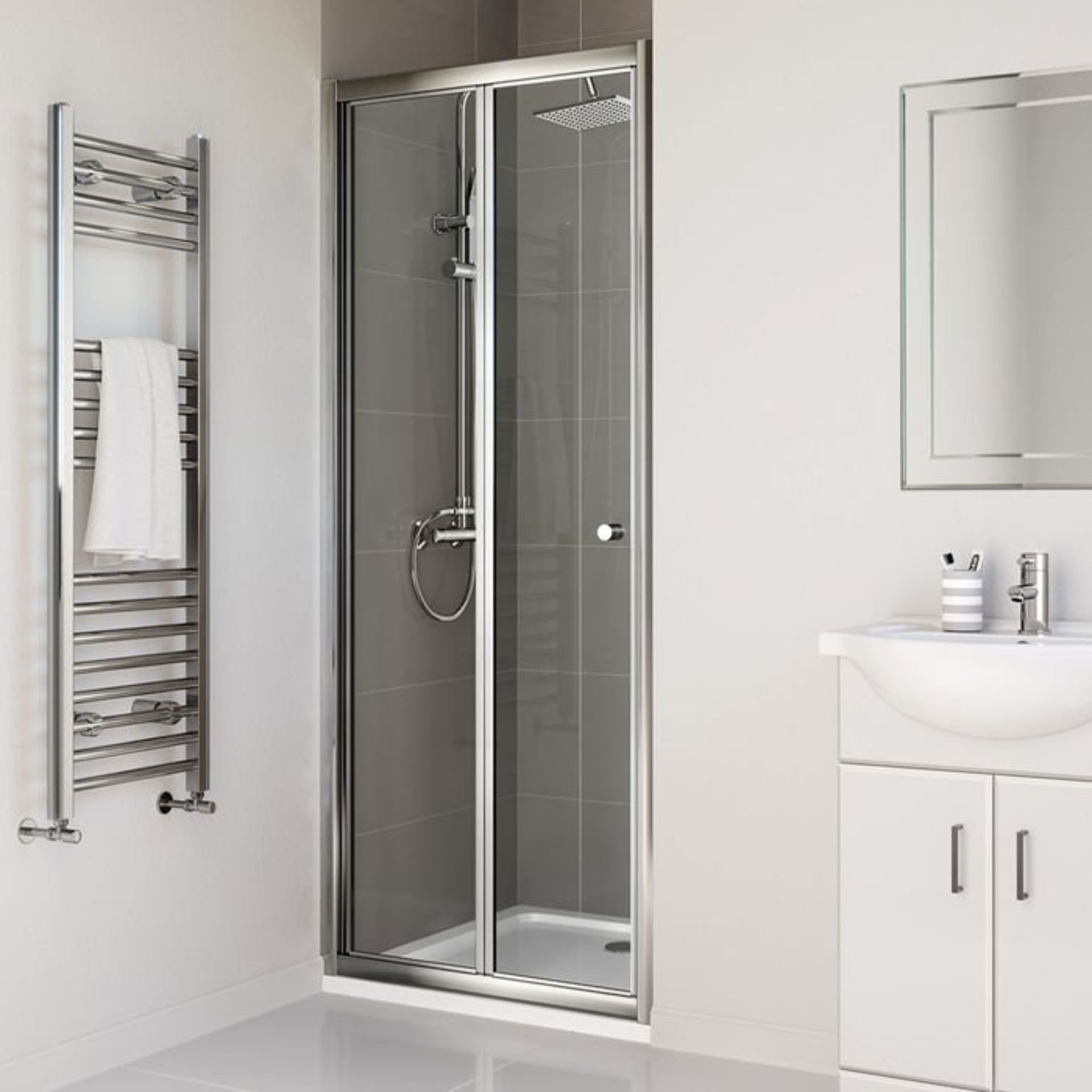 (A21) 900mm - Elements Bi Fold Shower Door RRP £299.99 4mm Safety Glass Fully waterproof tested with