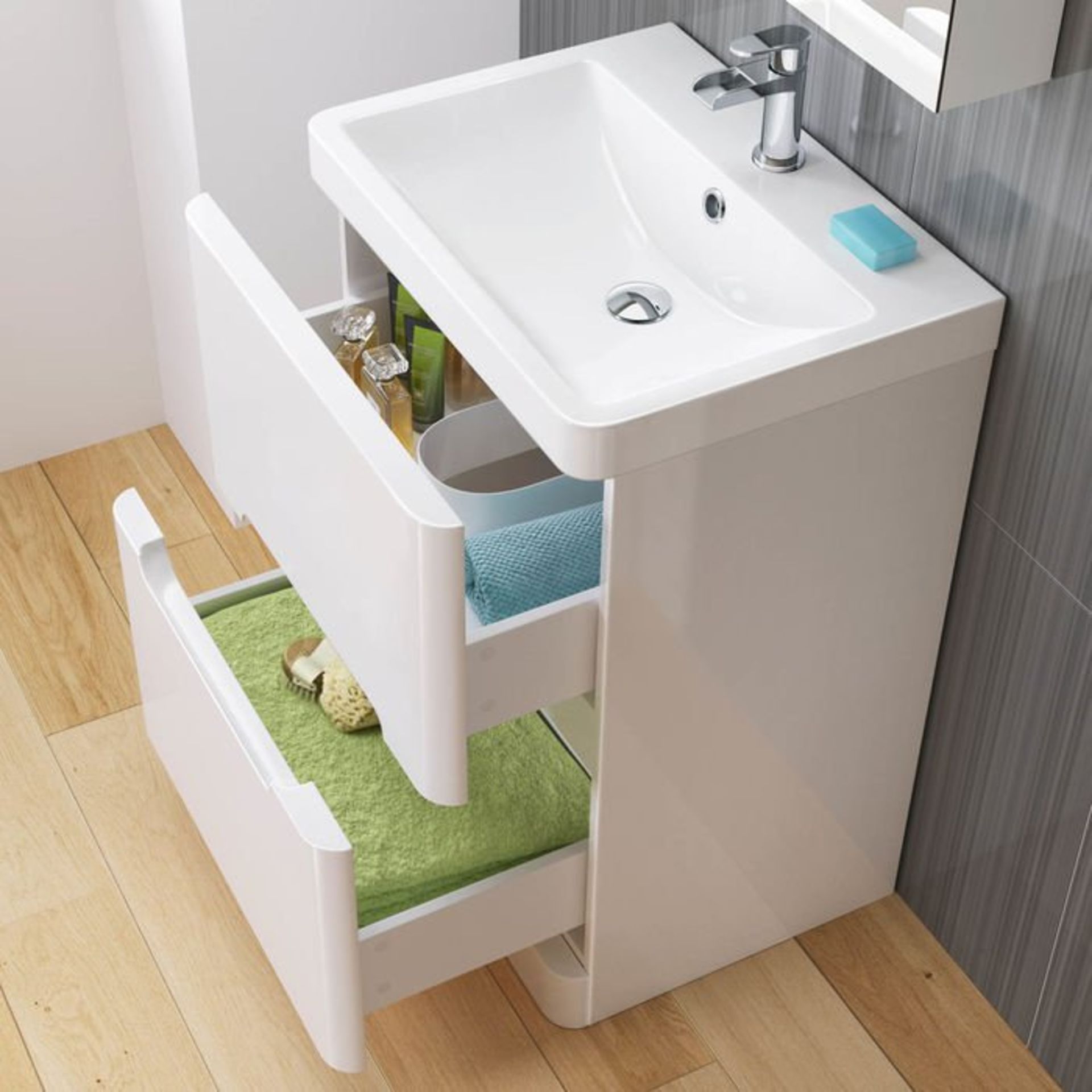 (G75) 600mm Tuscany Gloss White Built In Basin Double Drawer Unit - Floor Standing RRP £499.99. - Image 3 of 5