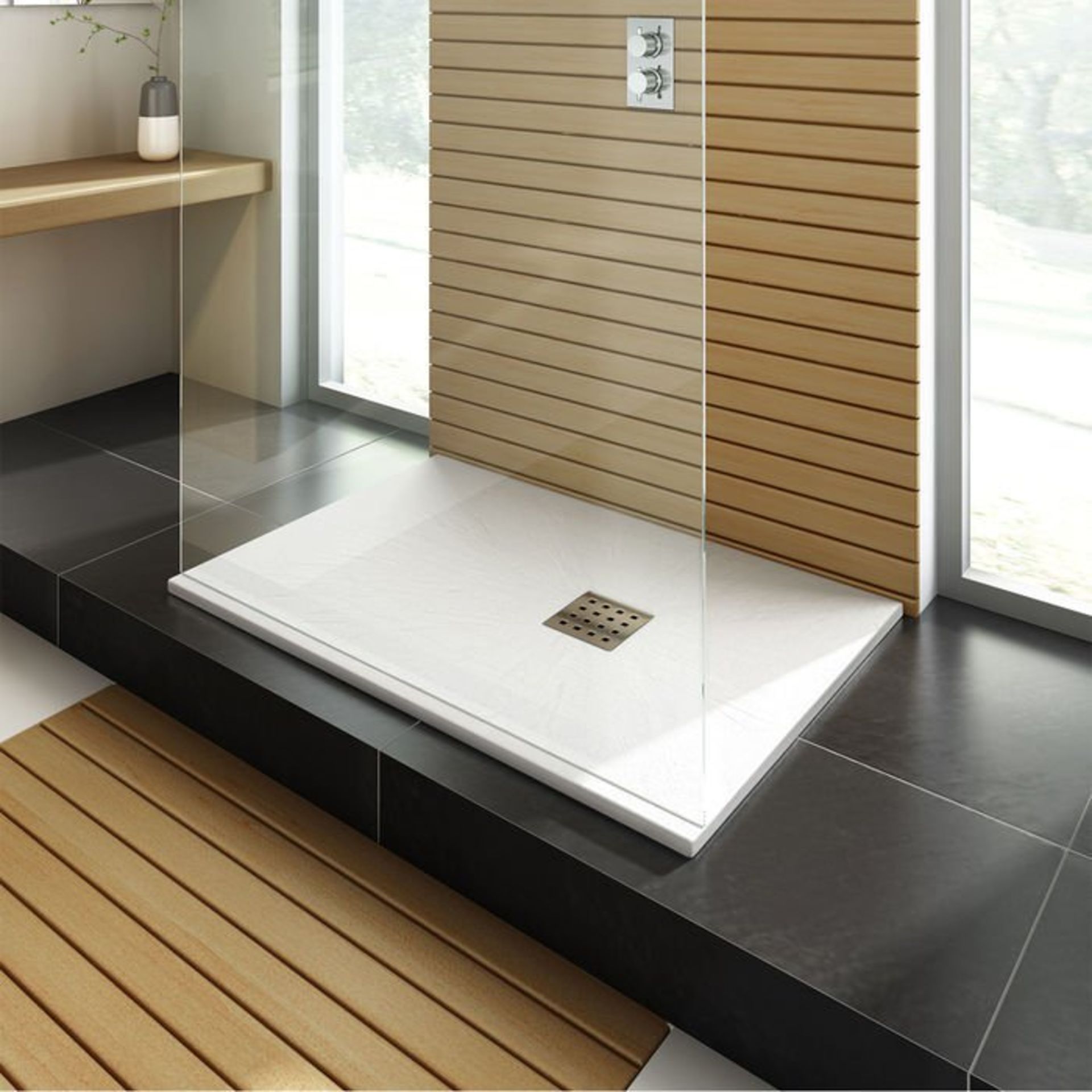 (G23) 1200x800mm Rectangular White Slate Effect Shower Tray & Chrome Waste RRP £499.99 Hand