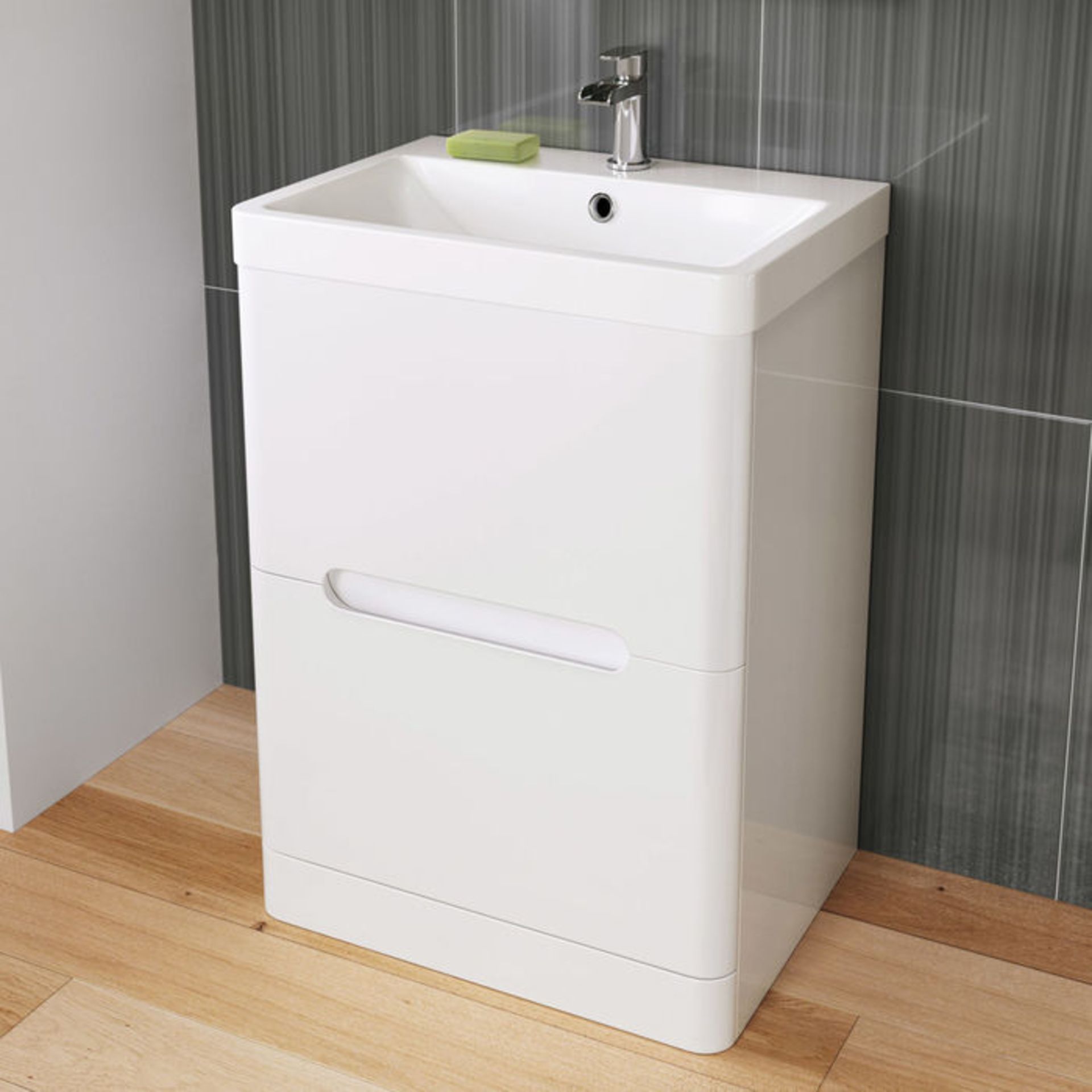 (G75) 600mm Tuscany Gloss White Built In Basin Double Drawer Unit - Floor Standing RRP £499.99.