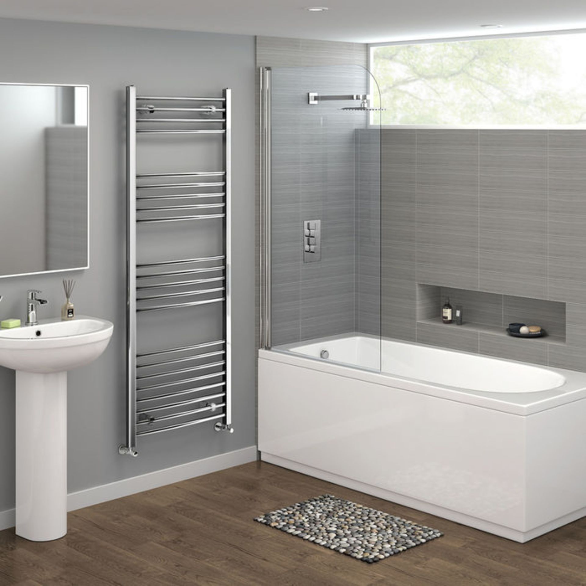 (H151) 1600x600mm - 20mm Tubes - Chrome Curved Rail Ladder Towel Radiator. RRP £150.38. Low carbon - Image 2 of 3
