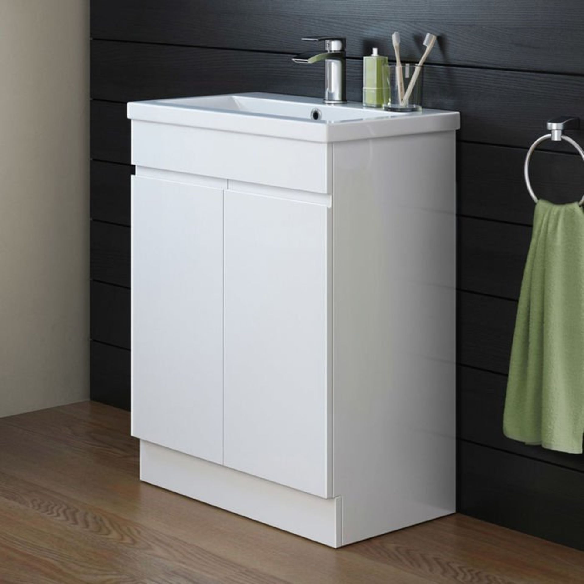 (H21) 600mm Trent High Gloss White Basin Cabinet - Floor Standing RRP £499.99. Includes groove