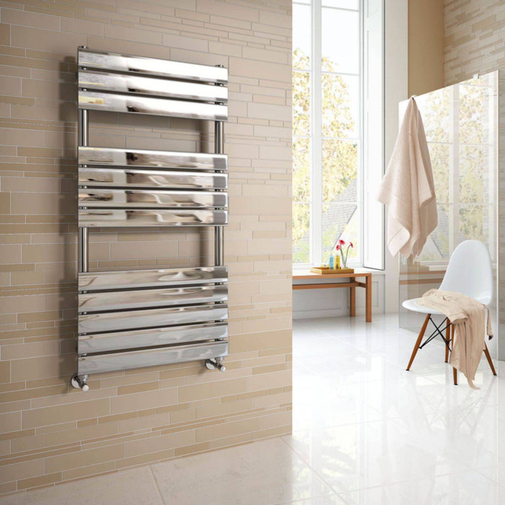 (H49) 1200x600mm Chrome Flat Panel Ladder Towel Radiator RRP £379.99 Low carbon steel chrome - Image 2 of 3