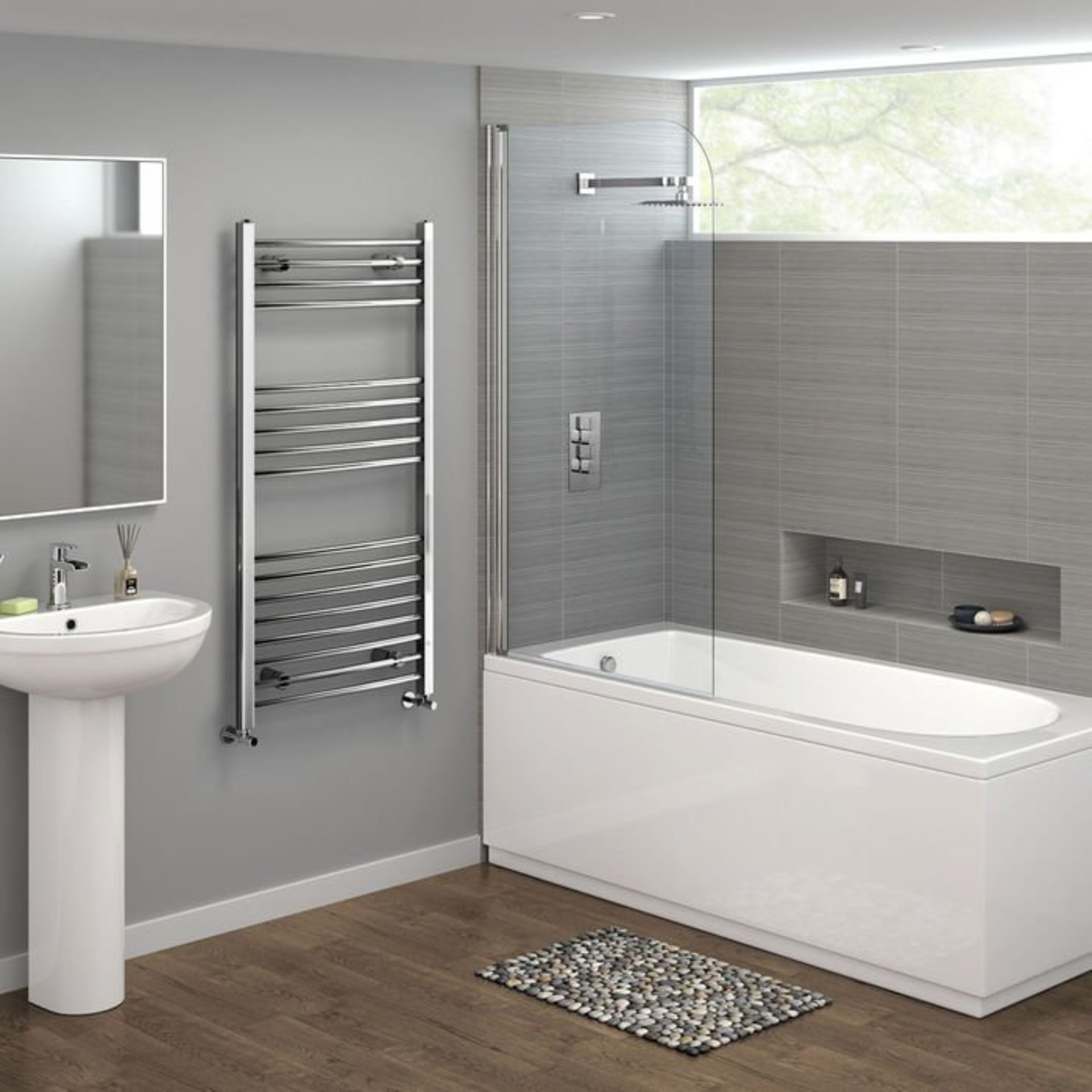 (H150) 1200x600mm - 20mm Tubes - Chrome Curved Rail Ladder Towel Radiator. RRP £137.59. Low carbon - Image 2 of 3