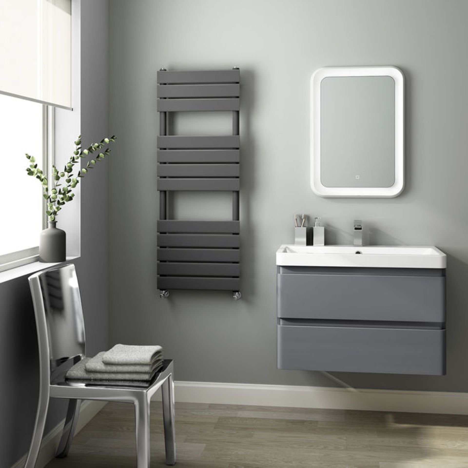 (H47) 1200x450mm Anthracite Flat Panel Ladder Towel Radiator RRP £349.99 Made with low carbon - Image 3 of 3