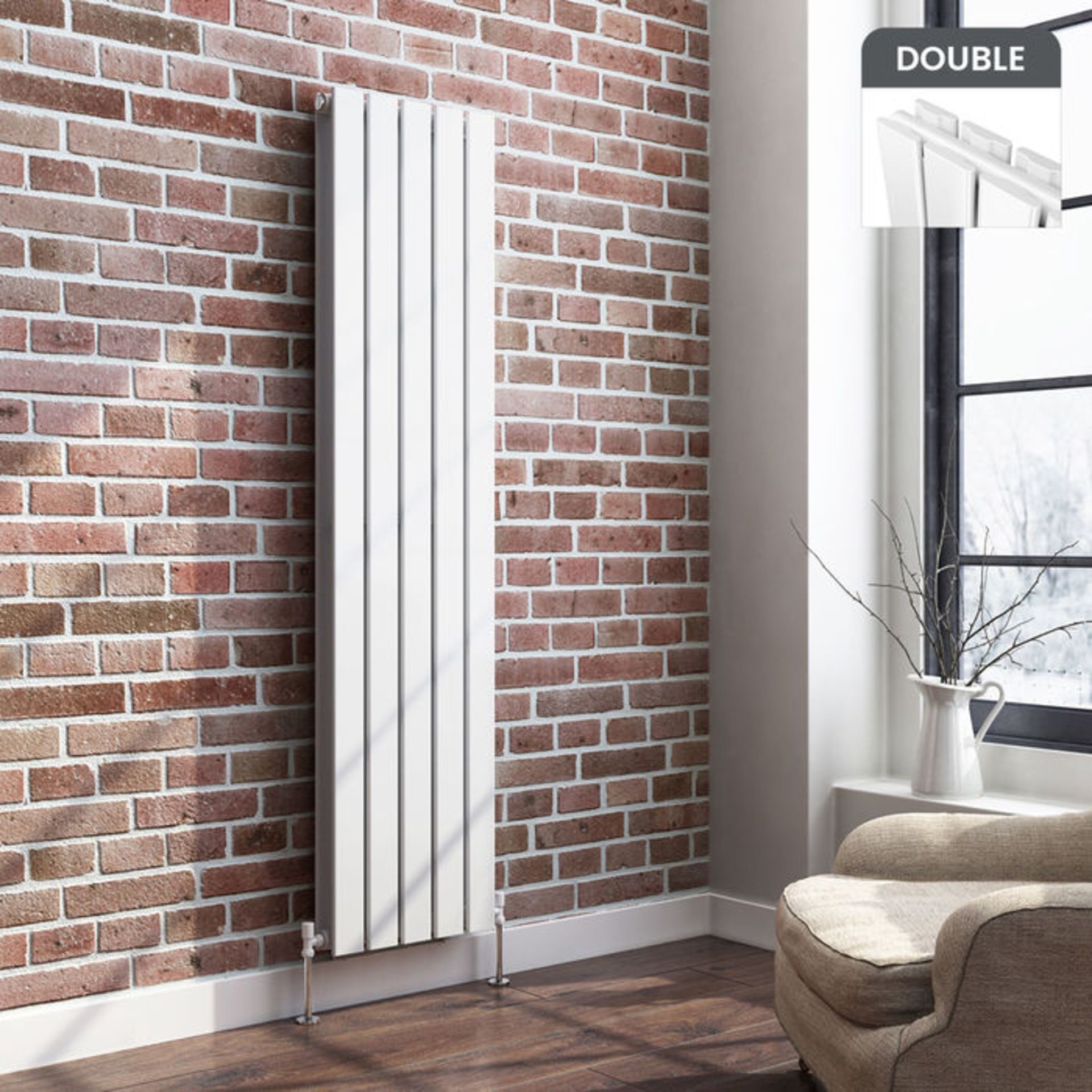 (H175) 1600x376mm Gloss White Double Flat Panel Vertical Radiator. RRP £499.99. Made with low carbon - Image 2 of 3