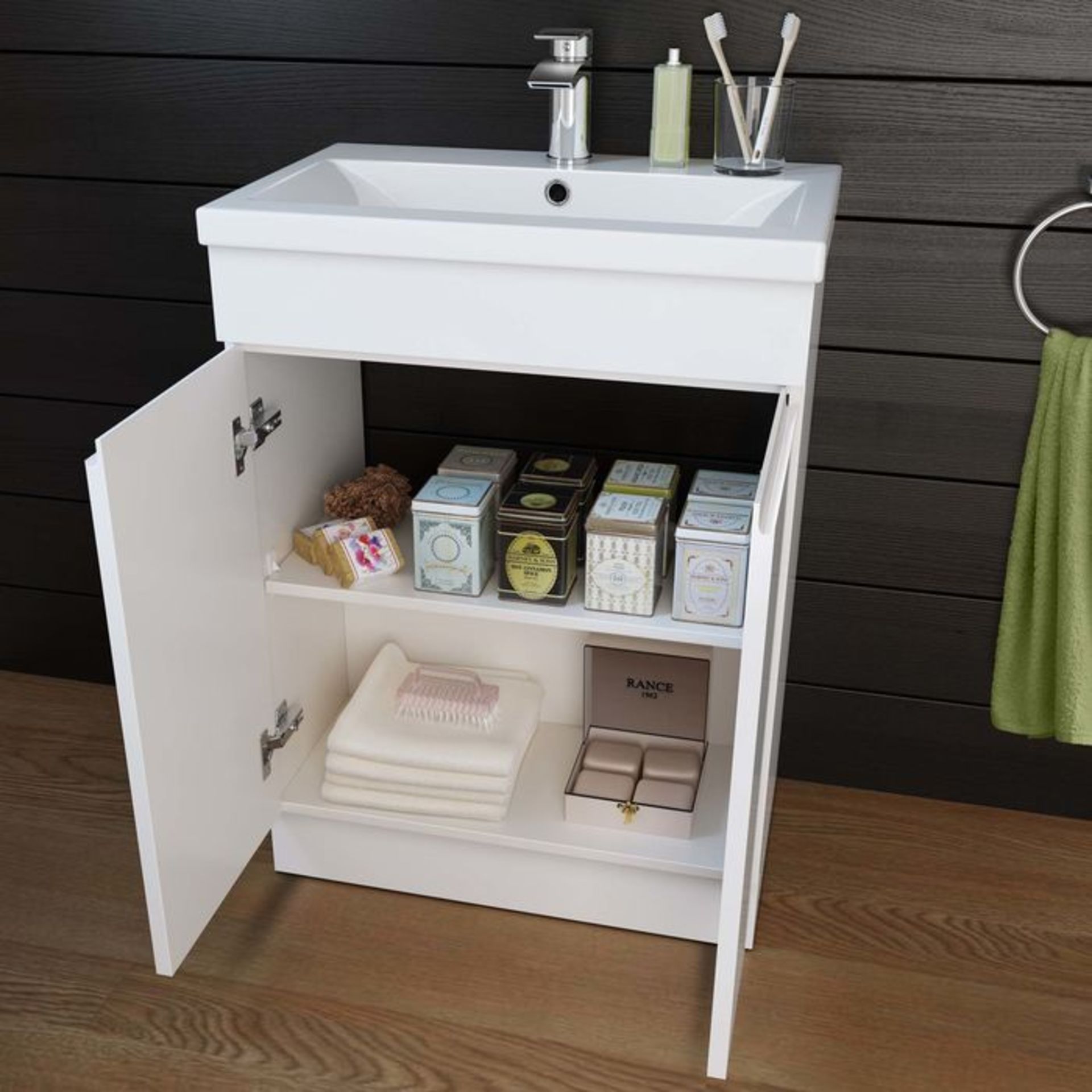 (H21) 600mm Trent High Gloss White Basin Cabinet - Floor Standing RRP £499.99. Includes groove - Image 3 of 4