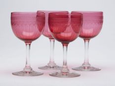 Four Antique Wheel Cut Cranberry Wine Glasses 19Th C.