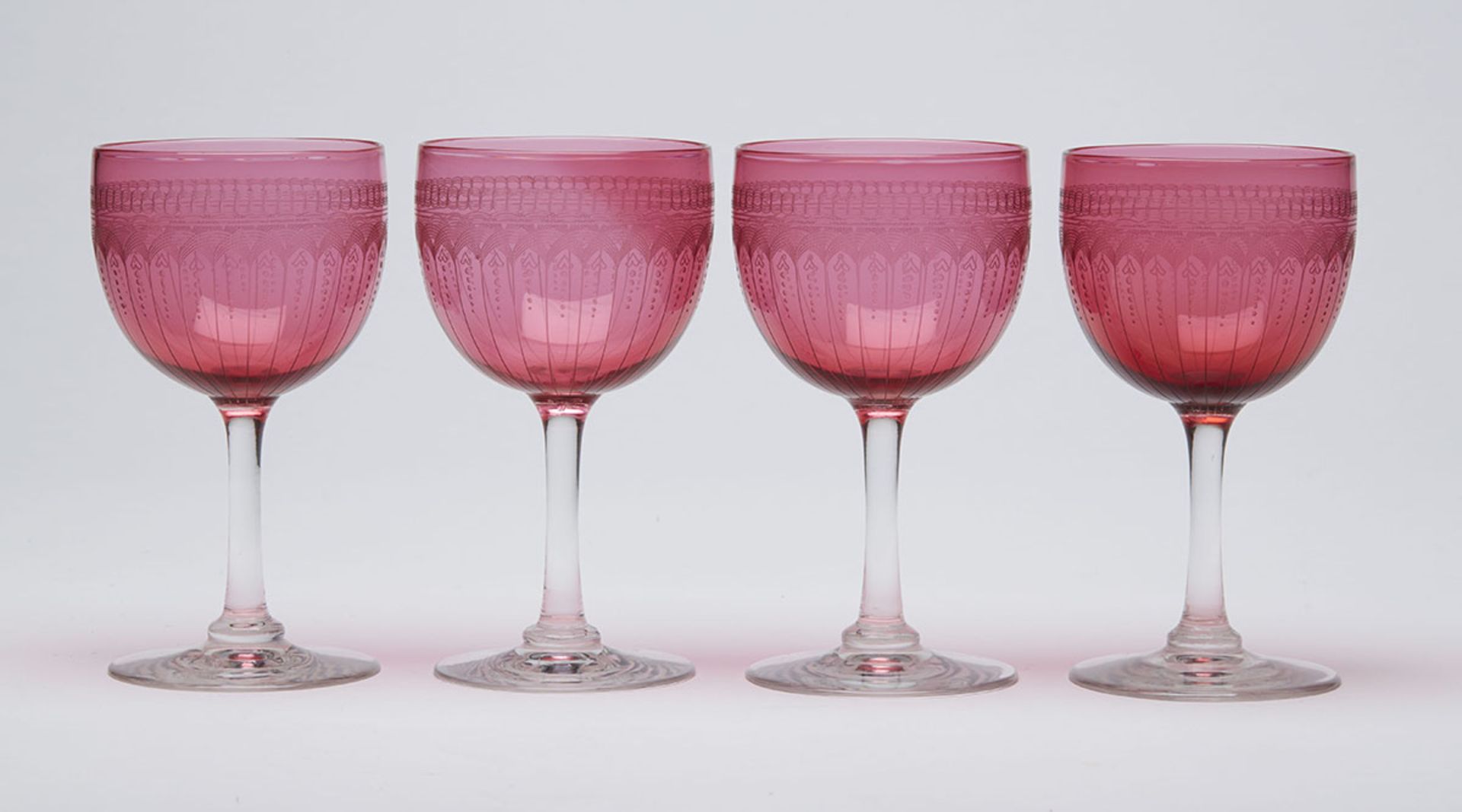 Four Antique Wheel Cut Cranberry Wine Glasses 19Th C. - Image 2 of 7