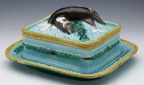 Antique English Majolica Sardine Dish With Fish And Leaves C.1865