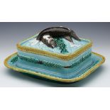 Antique English Majolica Sardine Dish With Fish And Leaves C.1865