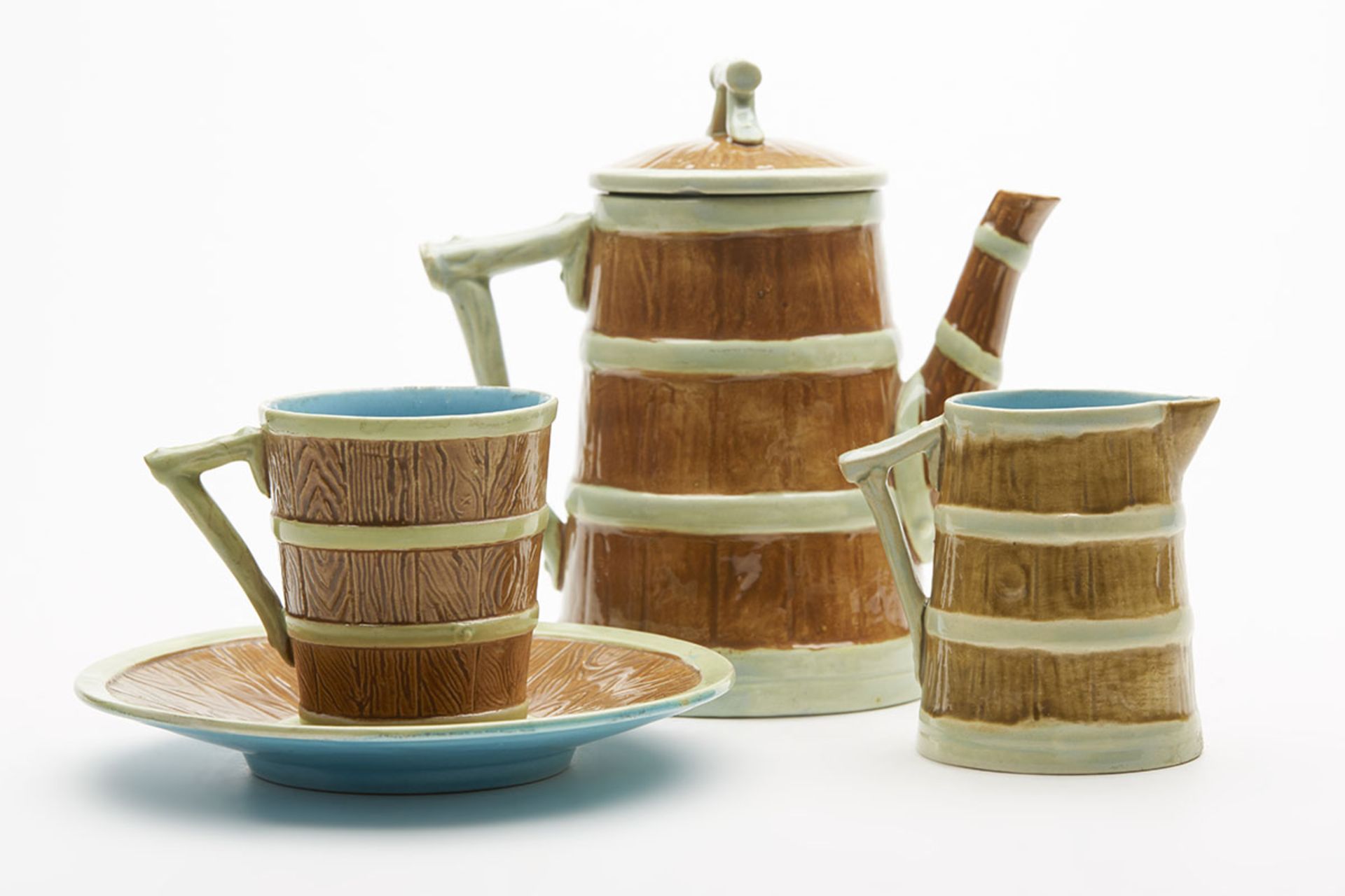 Royal Worcester Majolica Teapot, Cup & Saucer, Cream Jug - Image 2 of 12