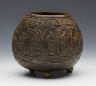 Antique Oriental Carved Figural Coconut Bowl 19Th C.