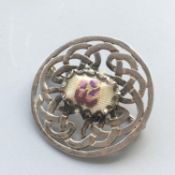Hallmarked Celtic Sterling Silver Pin Brooch with petit point embroidered flower