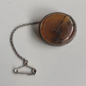 Antique Silver brooch amber stone with plant inclusions, safety chain, c clasp