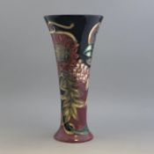 Old Tupton Ware Vase 8" Tube Lined Pottery - Black and Red Flowers