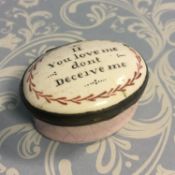 Antique Georgian Bilston Enamel Patch Pill Box IF YOU LOVE ME DONT DECEIVE ME