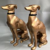Pair of Large Heavy Gold Gilded Composition Fireside Greyhounds Dogs Seated