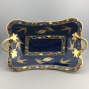 1920s Carlton Ware Blue Lustre Twin Handled Pedestal Dish - enamels & gilt birds